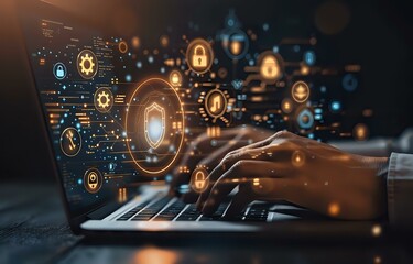 Futuristic cybersecurity concept showing hands typing on laptop with glowing digital security icons and network connections, perfect for technology and data protection themes.