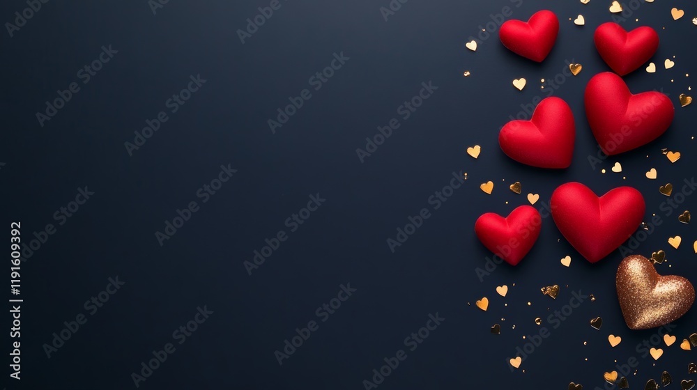 Poster red and gold hearts arranged on a dark blue background create a romantic setting ideal for valentine