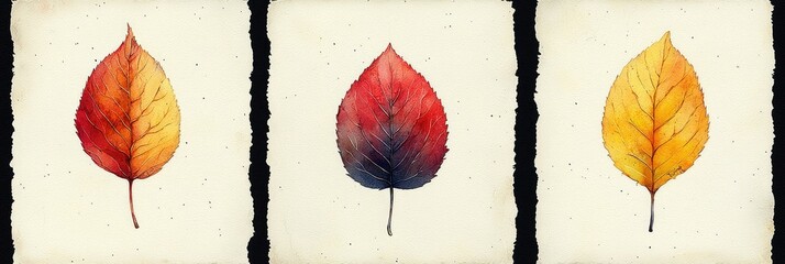 Fototapeta premium Autumn Leaves Watercolor Triptych Art Display
