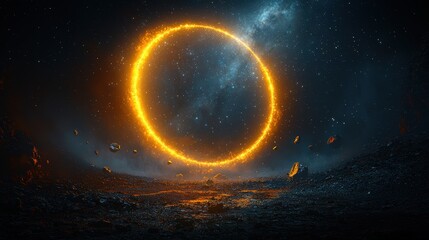Obraz premium Glowing solar eclipse in cosmic landscape with floating asteroids and starry sky