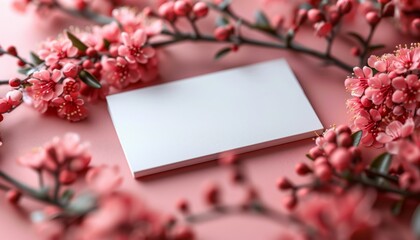 Obraz premium A white card is placed on a pink background with pink flowers