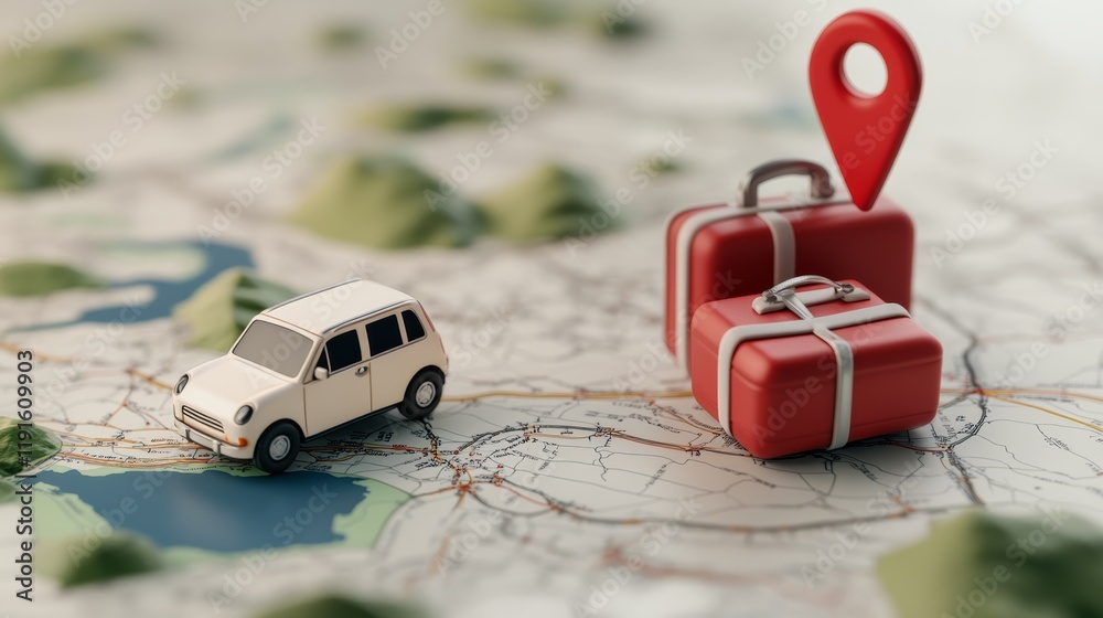 Poster miniature car and luggage resting on a physical map with a location pin, symbolizing travel planning
