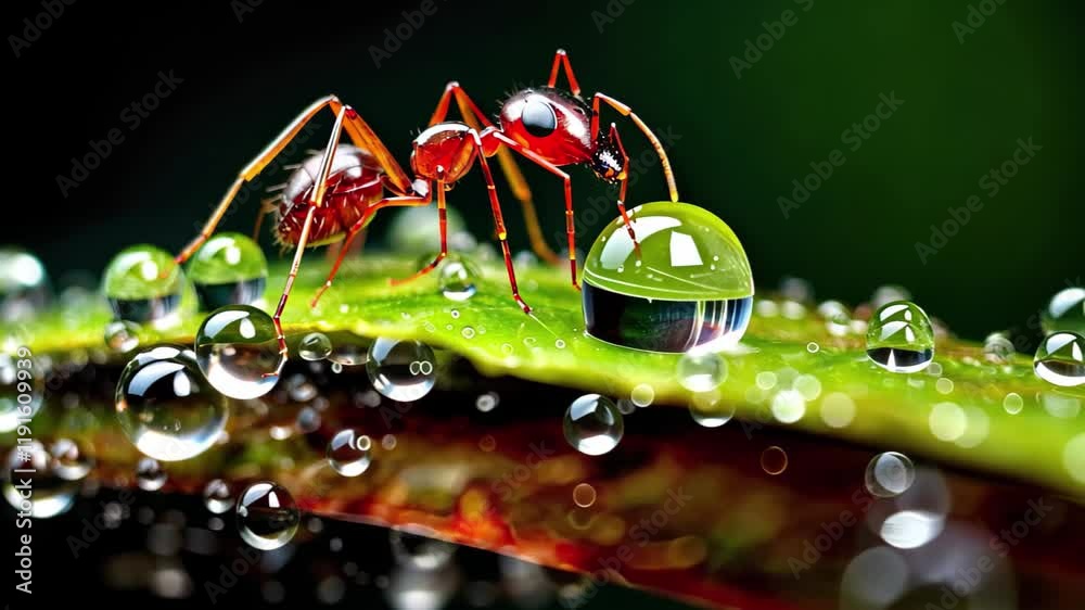 Poster close up of red ants on a green leaf with water droplets shimmering in natural sunlight in high-qual