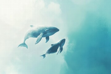 Obraz premium Mother whale and calf swim gracefully in serene blue ocean waters during the daytime. Generative AI