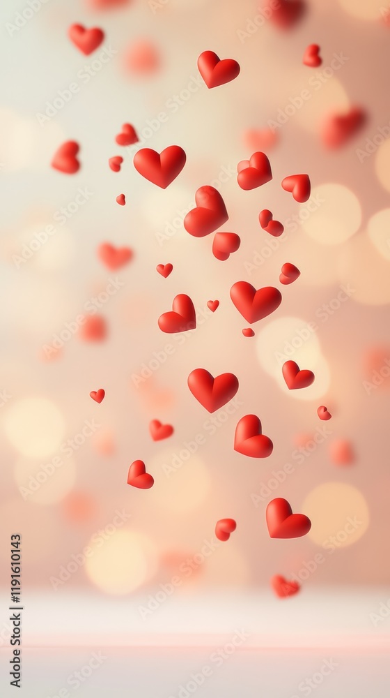 Poster Red hearts are gently floating on a warm pastel background with soft bokeh, creating a romantic and tender atmosphere perfect for valentine's day, women's day, and spring celebrations