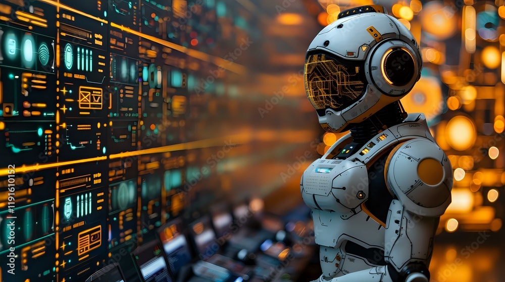 Poster futuristic robot in protective armor and helmet against digital interface background with orange bok