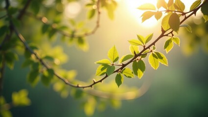 Fresh Foliage. Esg fintech nature-based etf Forest bathing Grow therapy Nature positive EcoVadis Spring boot Natural cycles Sunlit green tree branch with young leaves in springtim