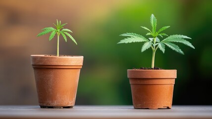 Fototapeta premium Two small potted cannabis plants with green leaves on wooden surface