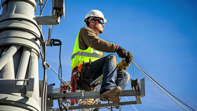 High quality construction worker climbs tower and performs maintenance tasks in clear blue sky