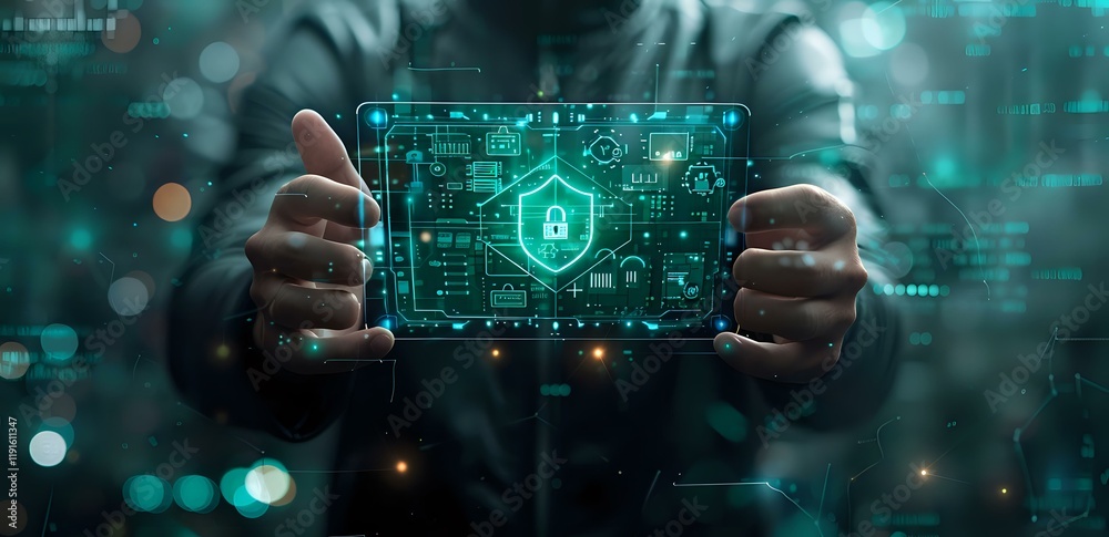 Poster hands holding transparent digital tablet displaying cybersecurity interface with lock icon and data 