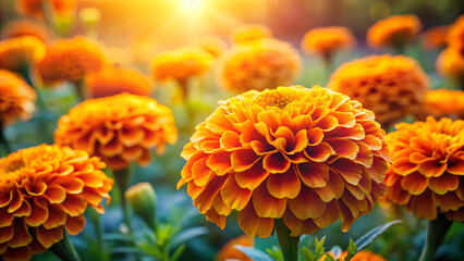 Vibrant marigold flowers blooming in a sunny garden with warm golden hues during sunset