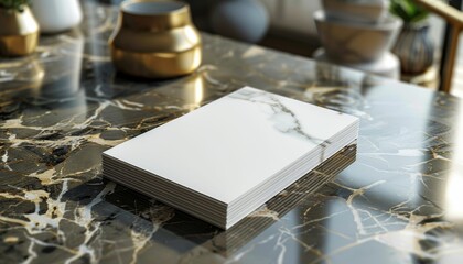 A stack of white papers sits on a marble countertop