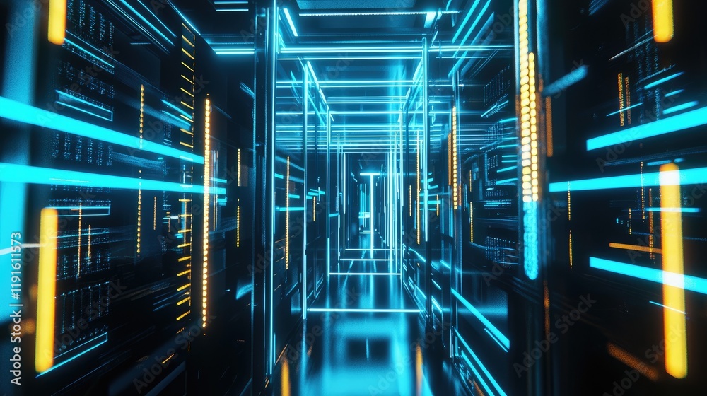 Aufkleber a 3d render of a futuristic digital background featuring glowing blue and yellow lights in a dark se