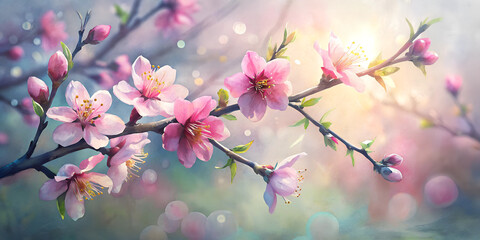 Fototapeta premium Delicate peach blossoms on branches illuminated by soft sunlight for springtime beauty 