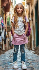 Chic Kids’ Fashion Comes Alive — Young Girl in White Sneakers, Pink Skirt & Trendy Tee Posing Confidently on a High-End Street