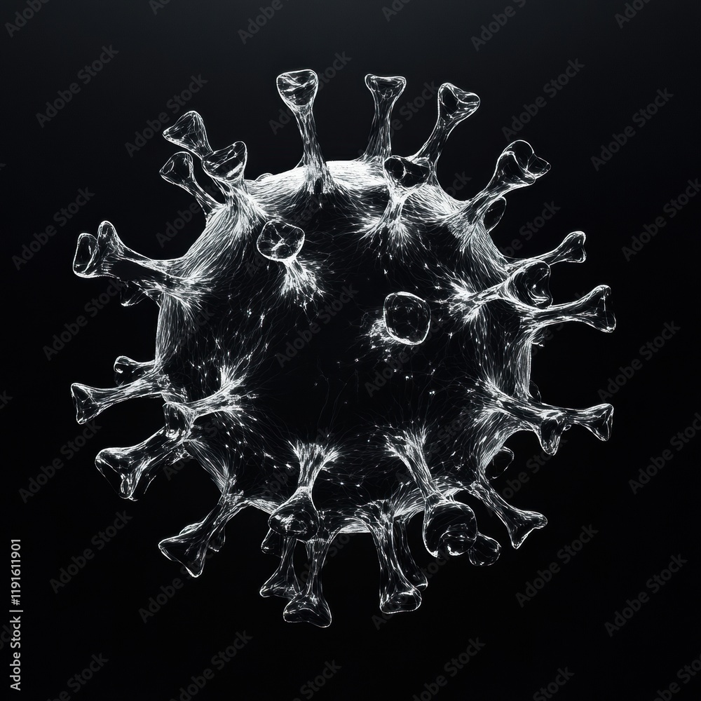 Poster graphical representation of a minimalistic virus design in a dark background focusing on structural 