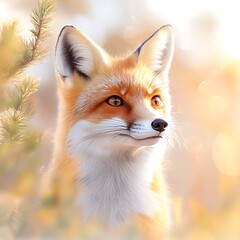 Fototapeta premium Red fox portrait in sunlit forest.