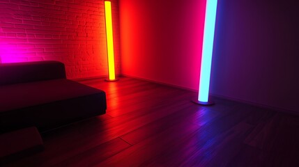 Colorful neon lights illuminate modern living room