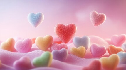 Fototapeta premium Colorful candy hearts arranged on dreamy pink backdrop