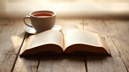 Cozy reading nook featuring an open book and a cup of tea on a wooden table in warm lighting. Generative AI