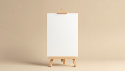 Empty canvas on wooden easel against beige background