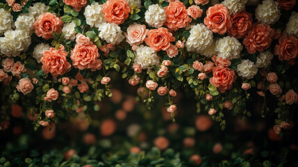 Abundant Peach and White Roses and Hydrangeas Floral Arrangement