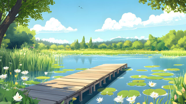 Fototapeta A peaceful cartoon meadow near a lake with a wooden pier extending into the water surrounded by cattails and lily pads.