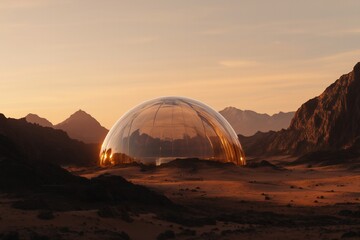 Fototapeta premium dome shaped futuristic home base on planet Mars, orange sky