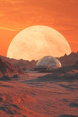 Fototapeta premium dome shaped futuristic home base on planet Mars, orange sky
