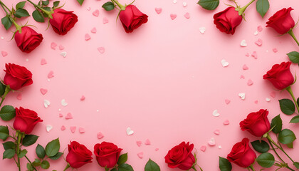 rose petals frame for valentines day on pink backdrop with copy space  mother's day and women's day,  valentine's day	