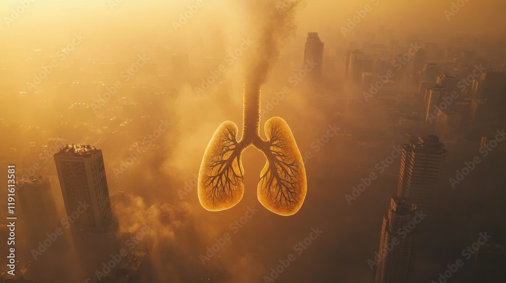 Aufkleber Realistic representation of lungs surrounded by smog highlighting air pollution and its effects on health in urban environments. Generative AI
