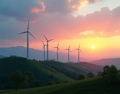 Wind generators of electricity, energy, sunrise