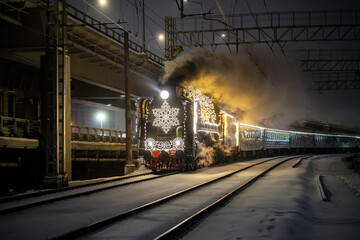 Historical old retro Christmas steam train with brightly colored snowflake garland and lots of smoke at night in the city on Christmas Eve in Russia. Amazing New Year's railway tourist express. 