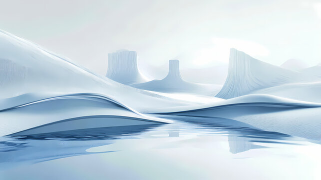 Futuristic winter banner, modern, minimalist winter banner design in white, blue, and silver with a unique futuristic touch for a sleek look. Rivermist. Illustration