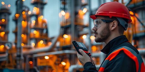 Industrial worker in safety gear using radio communication device at night manufacturing facility with bokeh lights background, perfect for safety protocols concept.