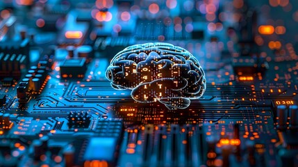 Glowing digital brain on electronic circuit board representing artificial intelligence and machine learning technology, perfect for tech innovation concepts.