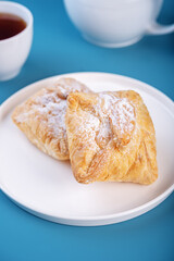 Cottage cheese puff cake on a blue background