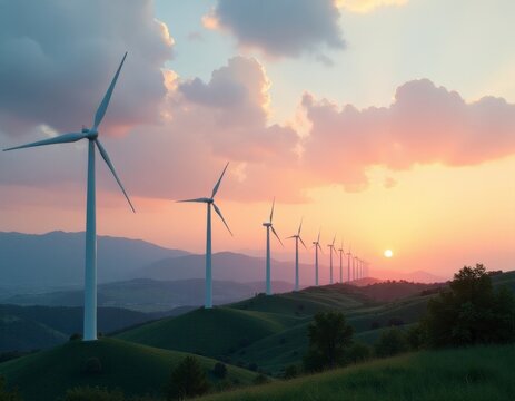 Wind generators of electricity, energy, sunrise