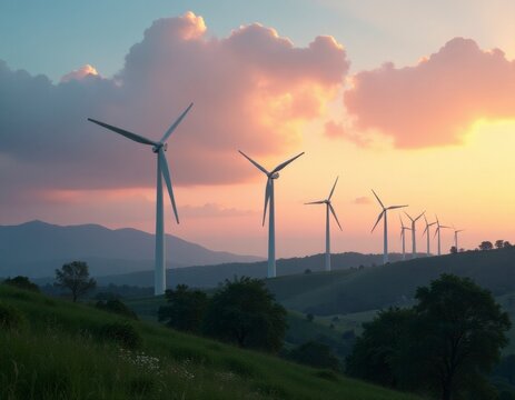 Wind generators of electricity, energy, sunrise