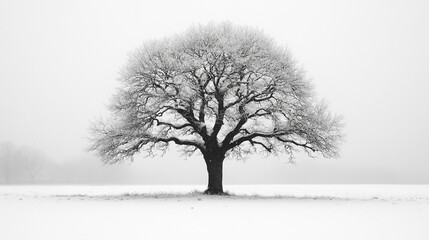 Fototapeta premium Beautiful snow-covered tree stands alone in a winter landscape with soft gray sky