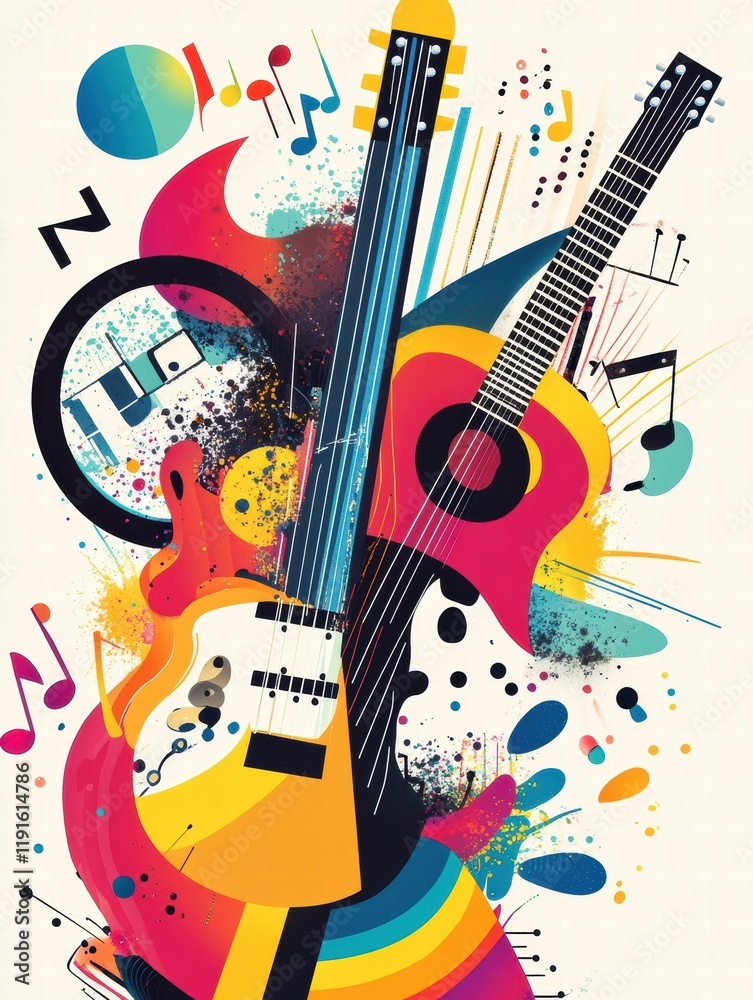 Poster Creative explosion of musical instruments and notes in vibrant colors showcasing artistic energy and passion for music. Generative AI