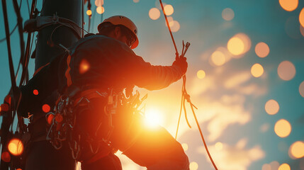 Silhouette of a worker scaling a utility pole at sunset with dramatic lighting effects