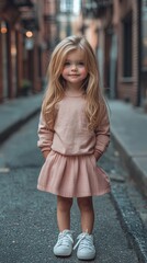 Chic Kids’ Fashion Comes Alive — Young Girl in White Sneakers, Pink Skirt & Trendy Tee Posing Confidently on a High-End Street