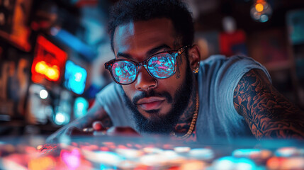 Focused man with tattoos engaging in a colorful retro gaming experience in a vibrant arcade setting at night