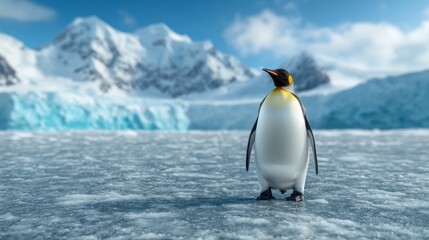 Fototapeta premium A photograph of an emperor penguin standing on a windswept ice sheet in Antarctica. Emperor penguin in an icy landscape of a frozen terrain.