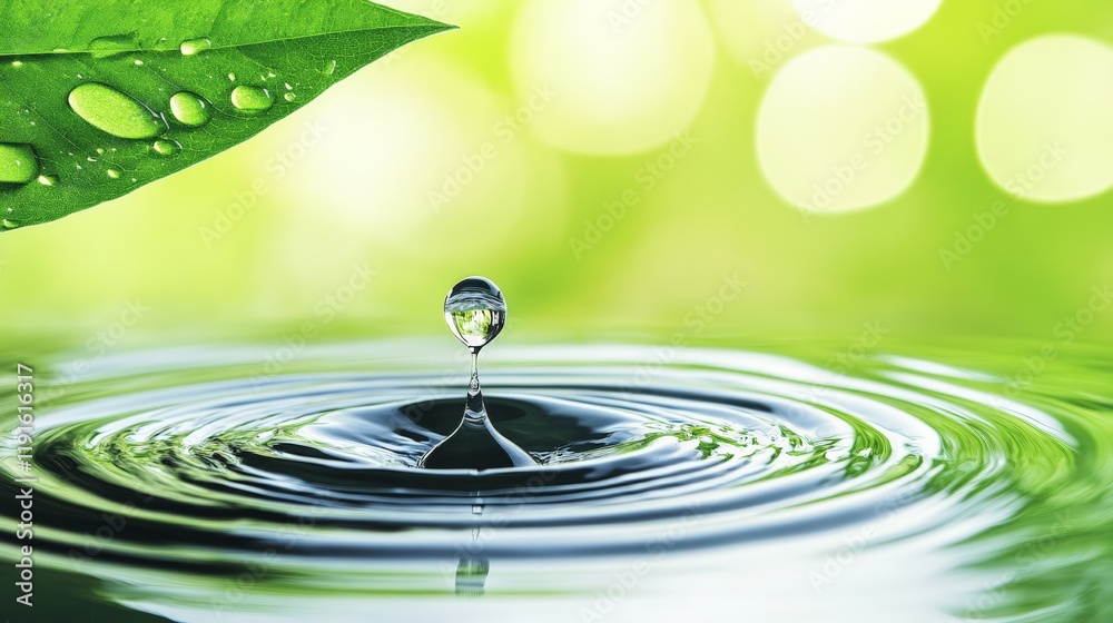 Poster crystal clear water drop falling into water surface creating ripples with green leaf and bokeh backg