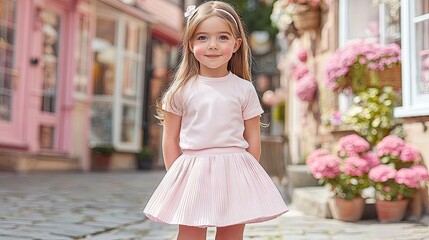 Chic Kids’ Fashion Comes Alive — Young Girl in White Sneakers, Pink Skirt & Trendy Tee Posing Confidently on a High-End Street