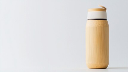 Stylish bamboo travel tumbler with lid on white background.
