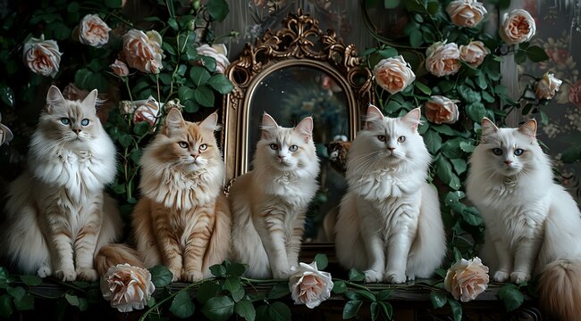 Elegant group of five purebred ragdoll cats posing near vintage golden mirror frame surrounded by climbing rose bushes with peach blooms, perfect for pet magazine or luxury animal care advertising.