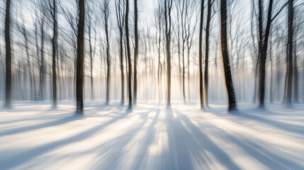Naklejka premium Soft light filters through trees in a snowy winter forest during early morning hours